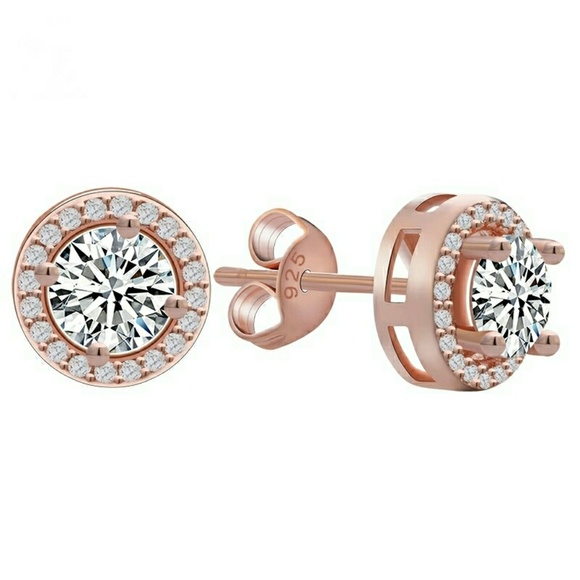 18k Rose Gold Diamond Cz Halo Stud Earrings - Picture 4 of 7